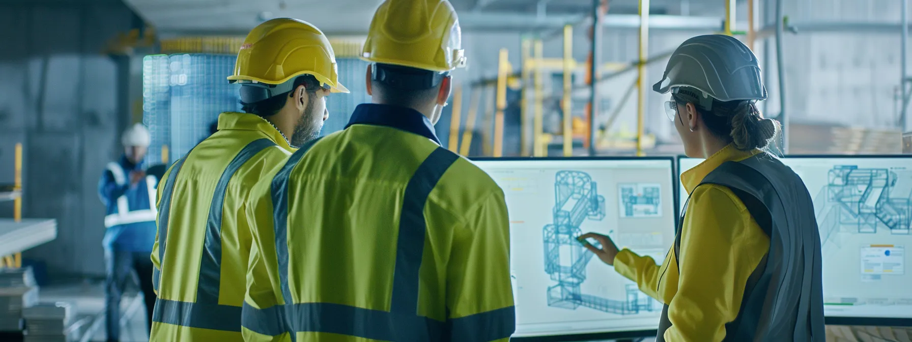 Three individuals in hard hats reviewing RFI software on a computer screen, focused on project details and collaboration.