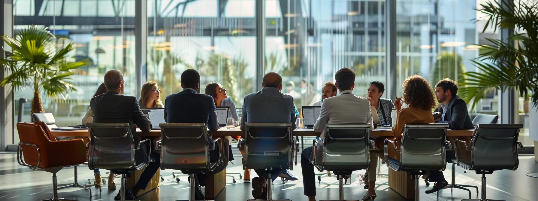 Business meeting where a large team is debating the best software for proposal management