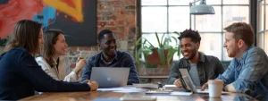 The Role of Software in Streamlining the Proposal Management Process 2 Five employees discuss the use of software for proposal management while smiling at one another
